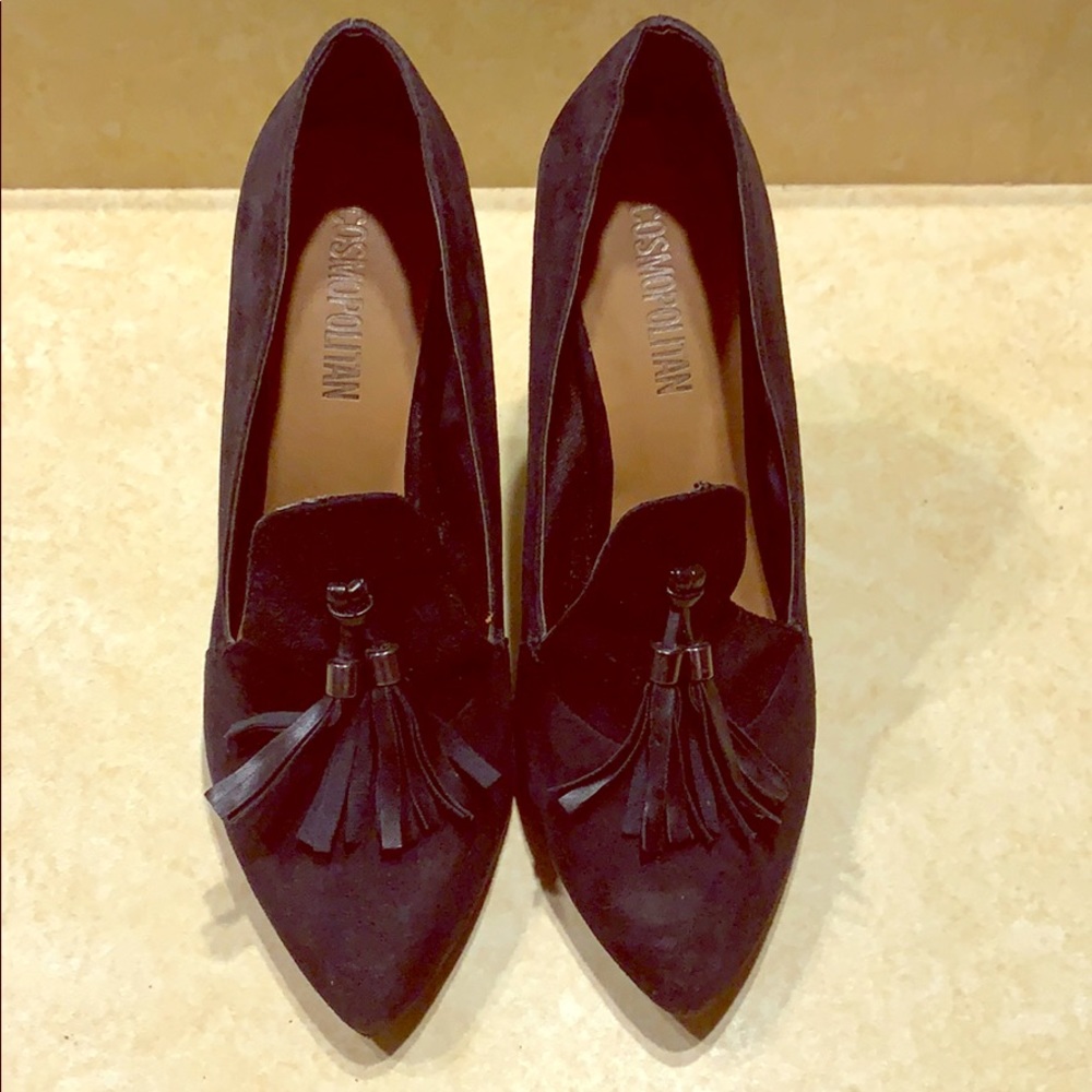 Black suede point toe pilgrim stilettos